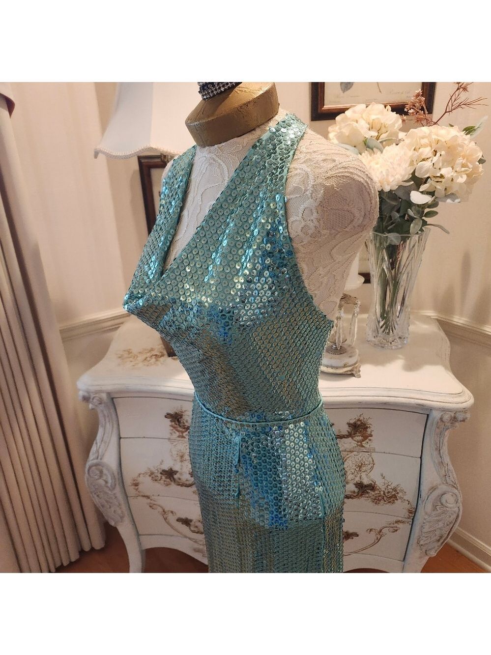 Vintage Lillie Rubin Liquid Sequin Seafoam Green Evening Dress Gown 8 - Picture 10 of 12